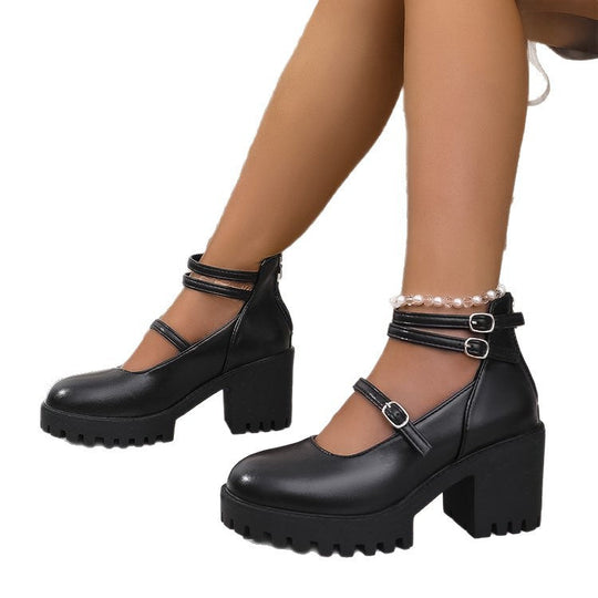 Damen Blockabsatz-Schnürschuhe mit modischem Riemendesign und rutschfester Sohle