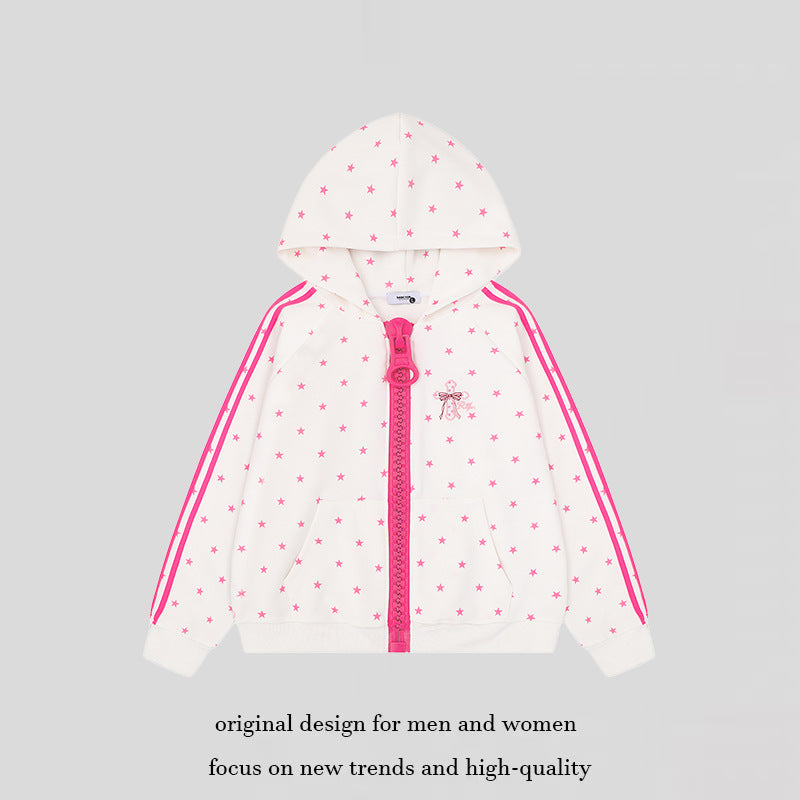 Damen Kapuzen-Sweatjacke mit Sternen-Allover, breitem Kontrastreißverschluss und seitlichen Streifen Nord Taschen