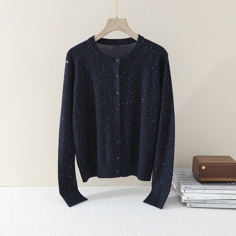 Damen Feiner Rundhals-Cardigan aus leichtem Feinstrick mit Perlmuttknopfleiste und dezentem Glitzereffekt Nord Taschen