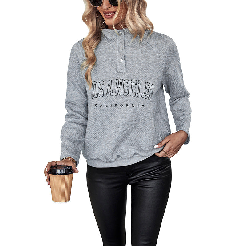 Damen Quilted-Sweatshirt mit Stehkragen, Druckknopfleiste und College-Print Nord Taschen