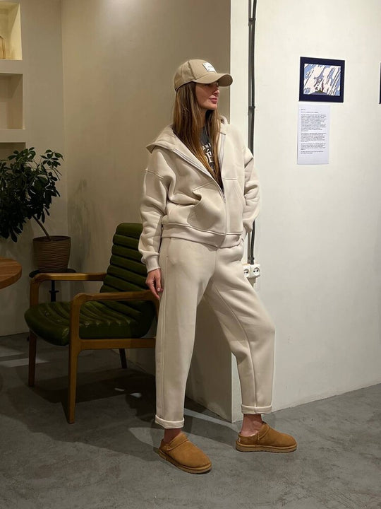 Damen lässiges Fleece-Zweiteiler mit Oversize-Kapuzenjacke und tapered Joggerhose Nord Taschen