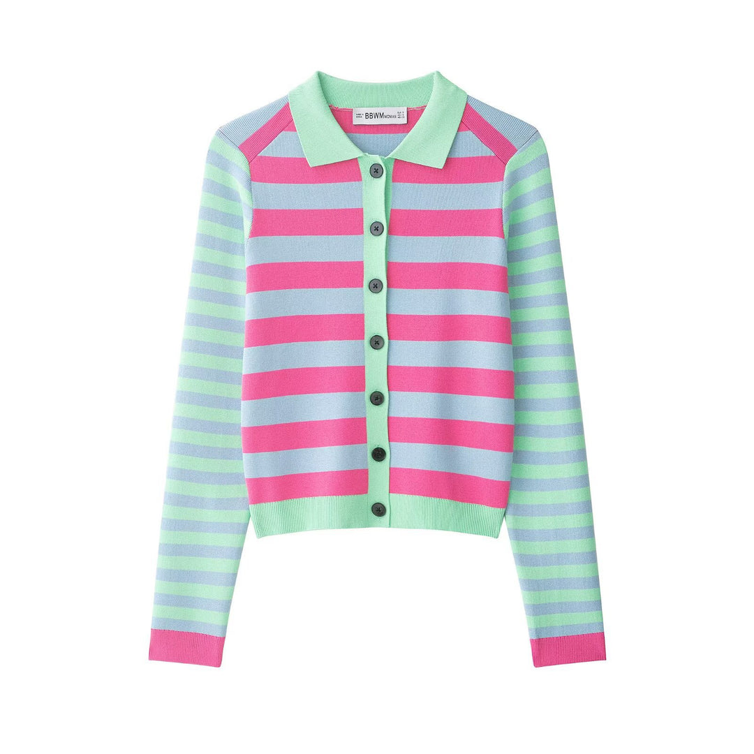 Damen Gestreifte Kurzjacke-Cardigan mit Polokragen und Knopfleiste Nord Taschen