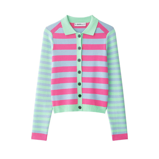 Damen Gestreifte Kurzjacke-Cardigan mit Polokragen und Knopfleiste Nord Taschen