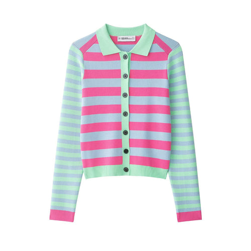 Damen Gestreifte Kurzjacke-Cardigan mit Polokragen und Knopfleiste Nord Taschen