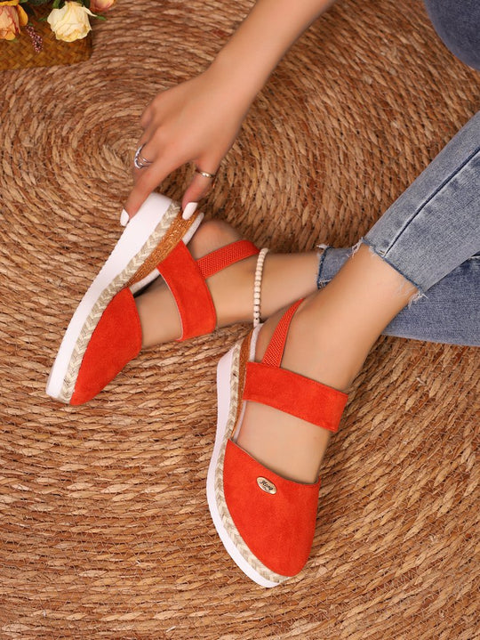 Damen  Espadrille-Keilpantoletten mit elastischem Fersenriemen, Veloursoptik-Obermaterial und geflochtenem Jute-Plateau Nord Taschen