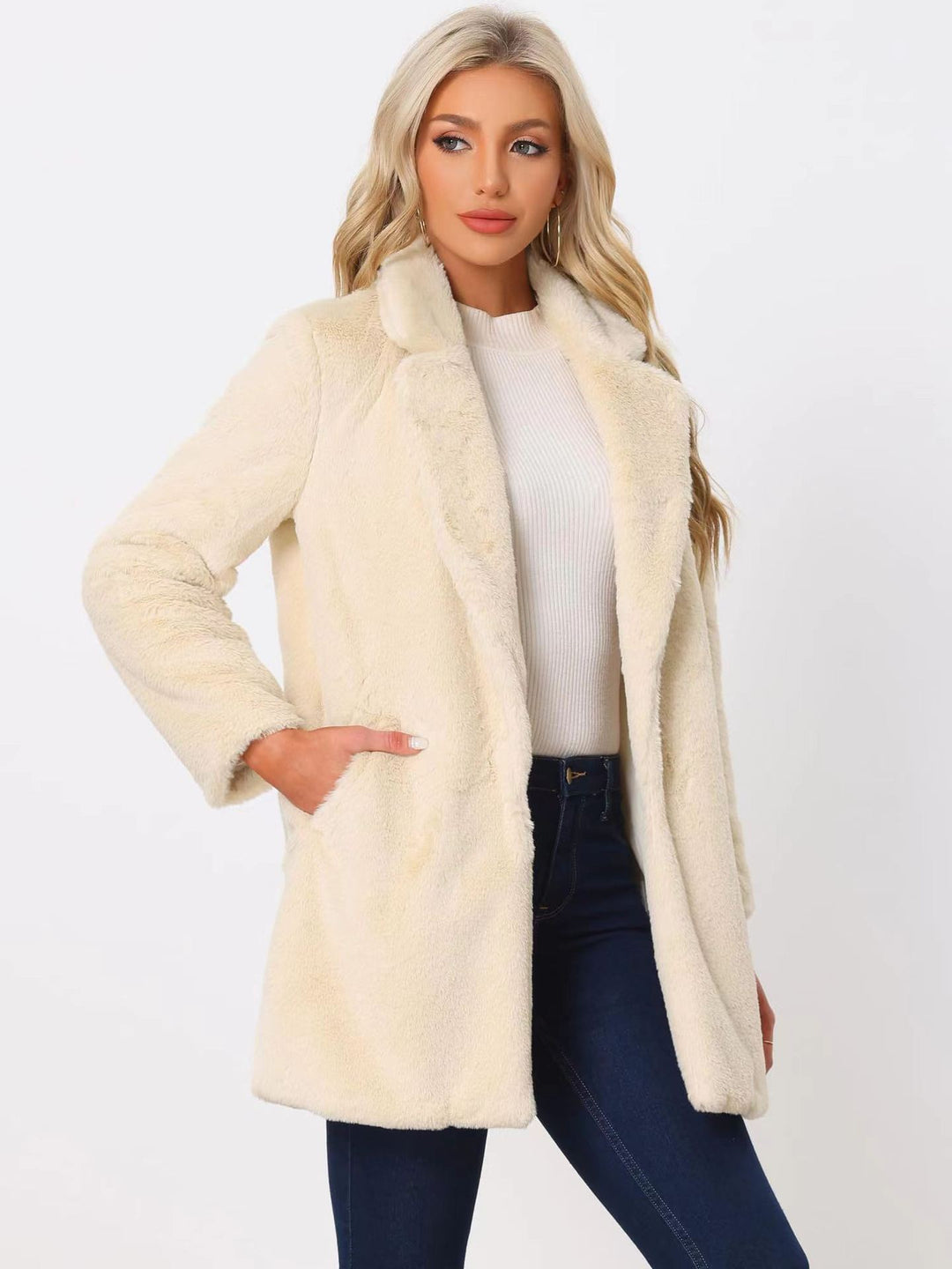 Damen Midilanger Kunstpelz‑Mantel mit softem Schalkragen und Eingrifftaschen Nord Taschen