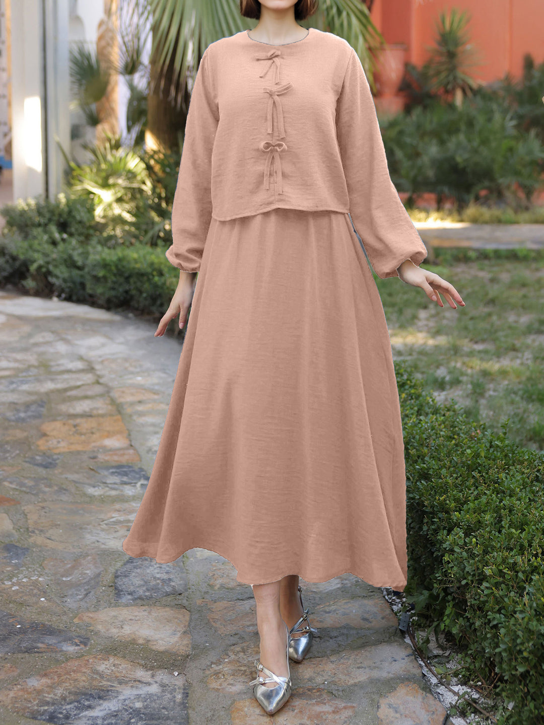 Damen Elegantes Langarmkleid mit Schößchen Nord Taschen