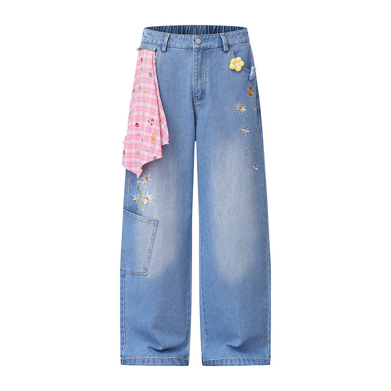 Damen Weite High‑Waist Denim‑Palazzo‑Jeans mit Blumenstickerei, Cargo‑Tasche und Tuchdetail Nord Taschen