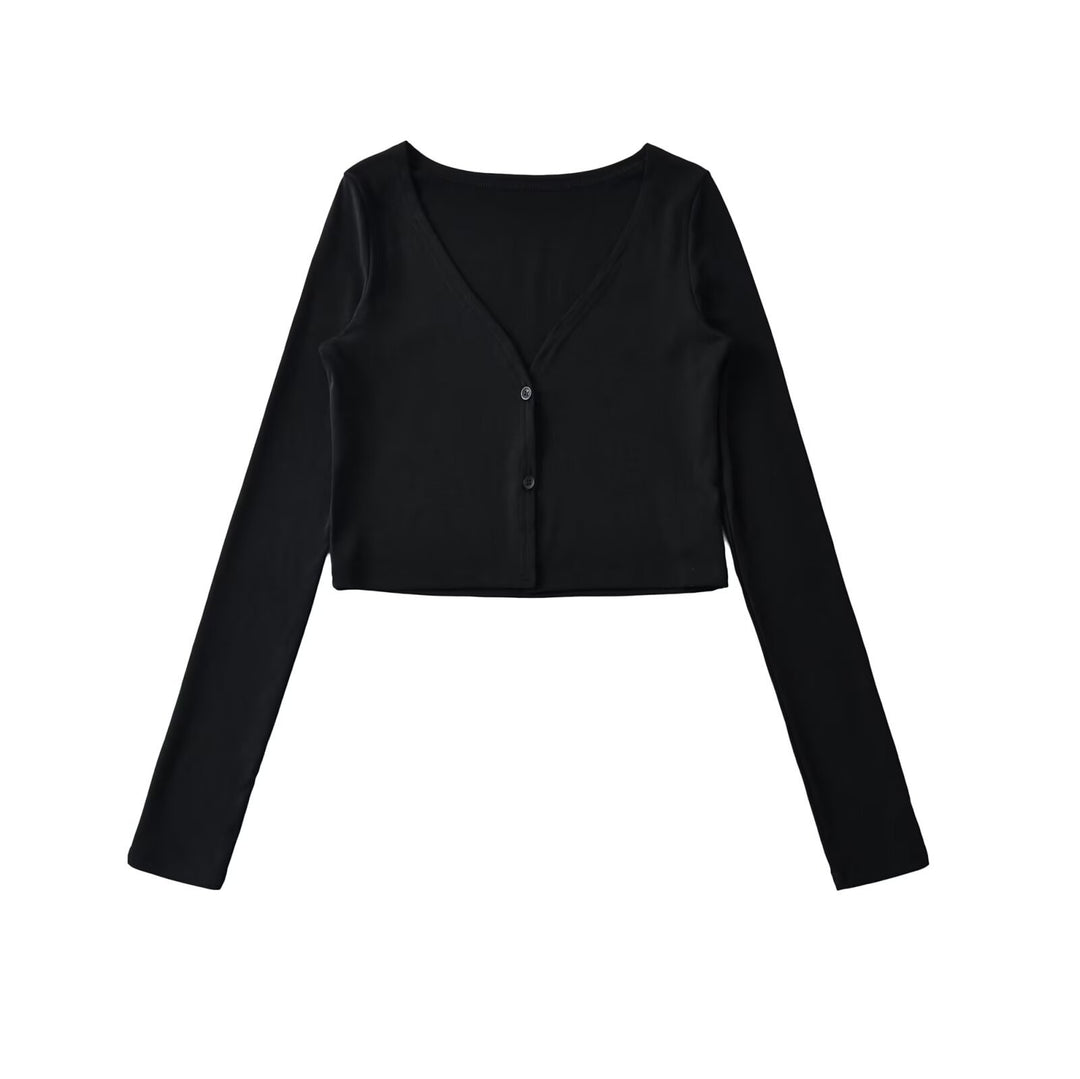 Damen Cropped Jersey-Cardigan mit tiefem V-Ausschnitt und schmaler Knopfleiste Nord Taschen