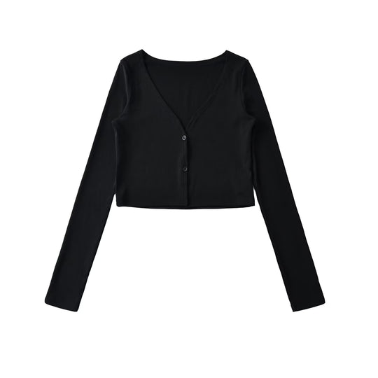 Damen Cropped Jersey-Cardigan mit tiefem V-Ausschnitt und schmaler Knopfleiste Nord Taschen