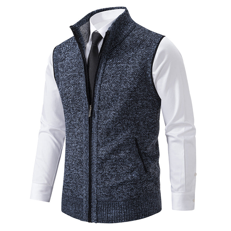 Herren Ärmellose Mélange‑Strickweste mit Stehkragen, durchgehendem Reißverschluss und Eingrifftaschen Nord Taschen