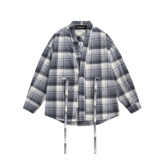 Damen Oversize Karo-Hemdjacke mit Kimono‑Schnitt, Tunnelzugbändern und aufgesetzten Taschen Nord Taschen
