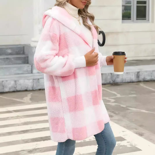 Damen Oversize Karierter Teddy-Mantel mit Kapuze und Eingrifftaschen Nord Taschen
