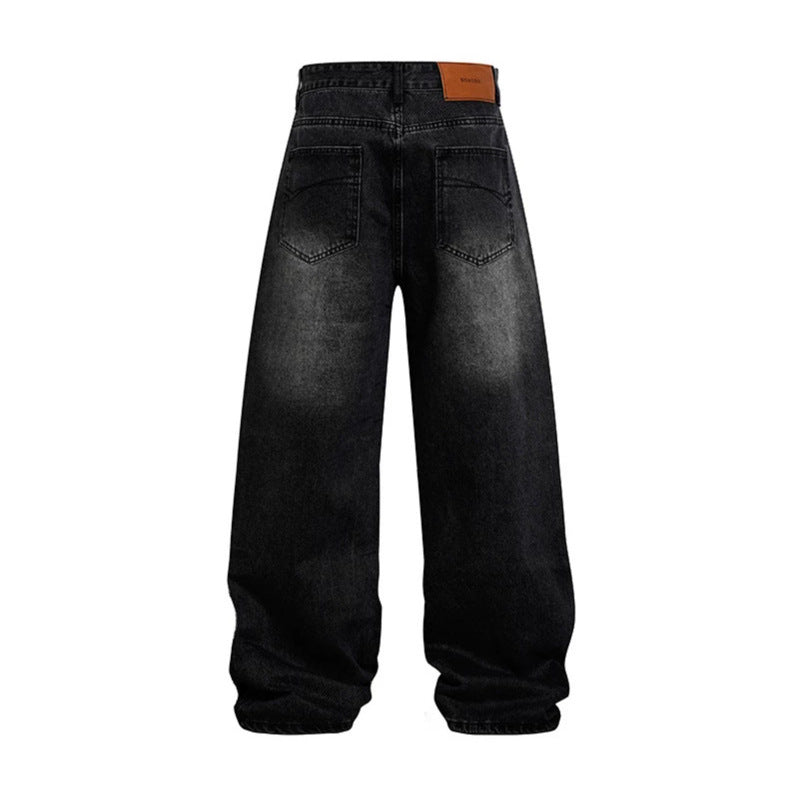 Damen Weite hochgeschnittene Baggy-Jeans mit Used-Wash und Steppdetail Nord Taschen