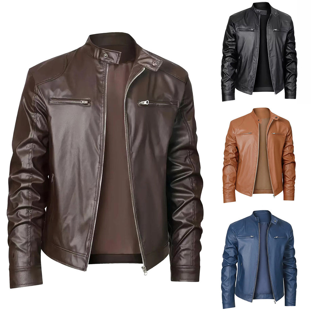 Herren schlanke Kunstleder-Bikerjacke mit Stehkragen, durchgehendem Reißverschluss und zwei Brusttaschen Nord Taschen