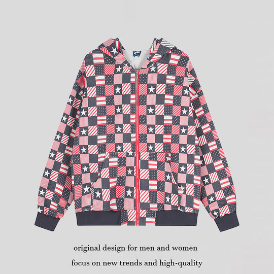 Damen Zip-Kapuzenjacke mit Allover-Patchwork-Sternen- und Streifenmuster Nord Taschen