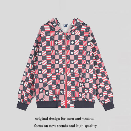 Damen Zip-Kapuzenjacke mit Allover-Patchwork-Sternen- und Streifenmuster Nord Taschen