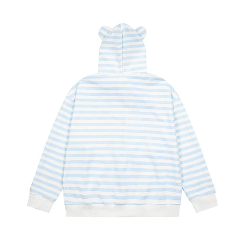 Damen Gestreifte Kapuzen-Sweatjacke mit Teddy-Anhänger, Ohren-Kapuze und Stickdetail Nord Taschen