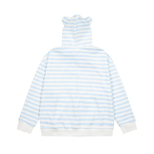 Damen Gestreifte Kapuzen-Sweatjacke mit Teddy-Anhänger, Ohren-Kapuze und Stickdetail Nord Taschen