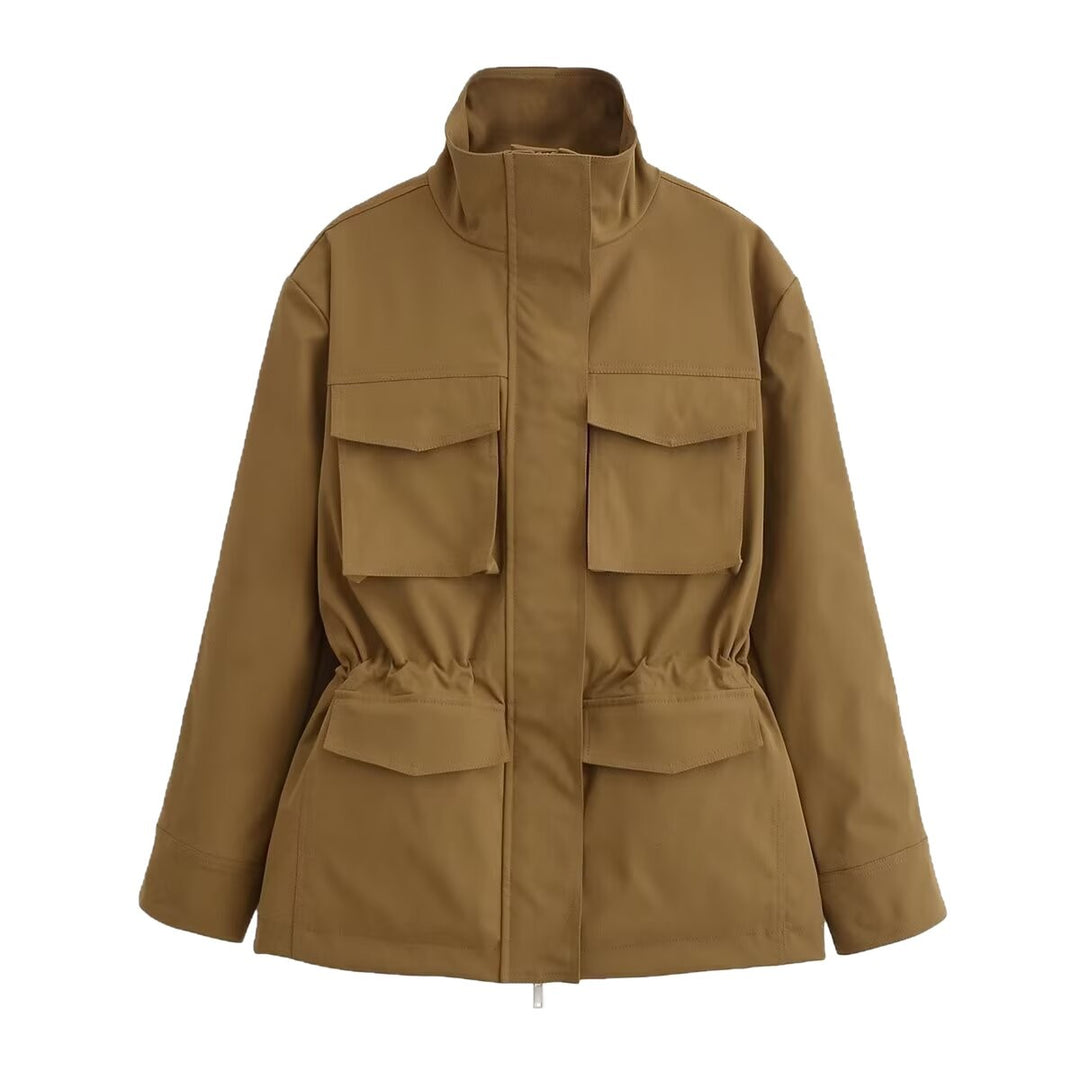 Damen Utility-Jacke mit Tunnelzugtaillen, Stehkragen und Pattentaschen Nord Taschen