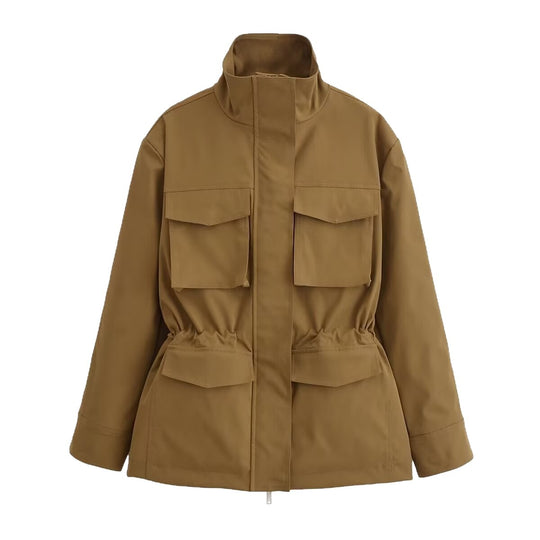 Damen Utility-Jacke mit Tunnelzugtaillen, Stehkragen und Pattentaschen Nord Taschen