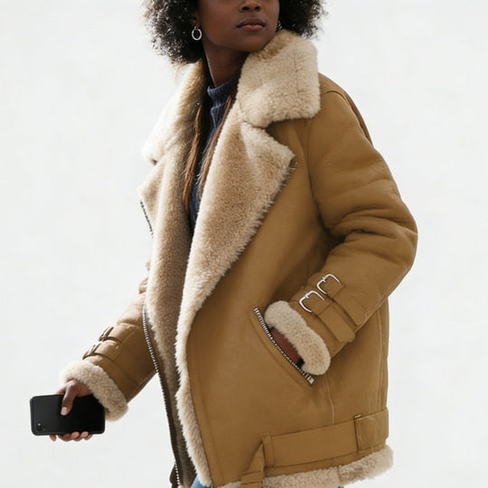 Damen Kurze Fliegerjacke mit Teddyfutter, weichem Lammfellkragen und Reißverschluss Nord Taschen