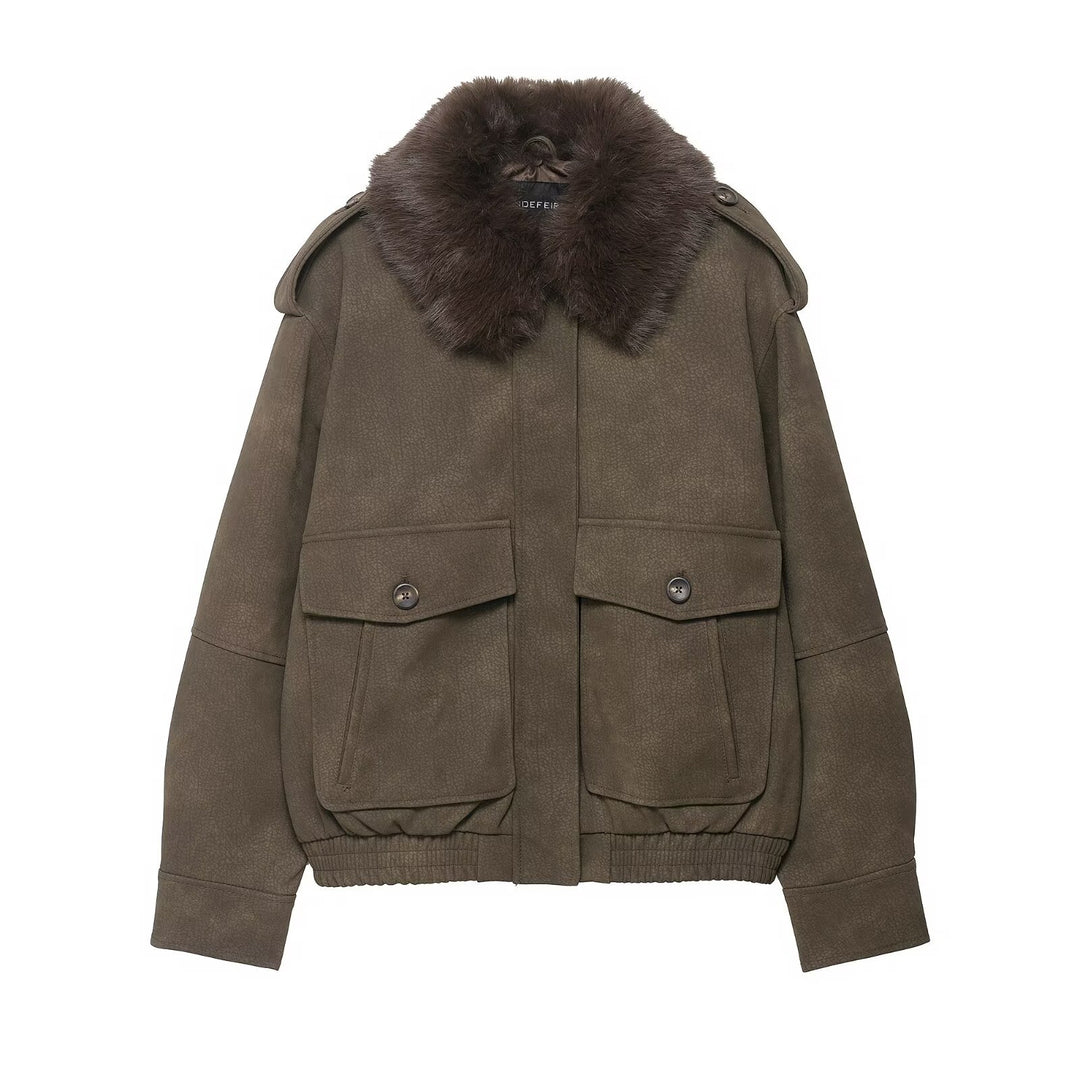 Damen Kurzjacke in Velourslederoptik mit abnehmbarem Fellkragen und Pattentaschen Nord Taschen