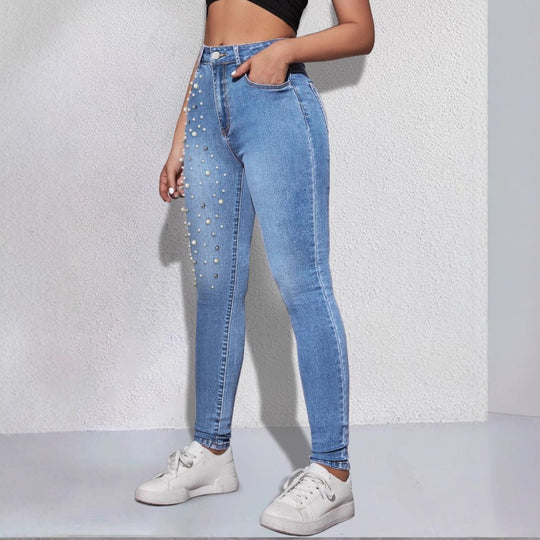Damen Hochgeschnittene Sculpting-Skinny-Jeans mit asymmetrischem Perlenmuster Nord Taschen