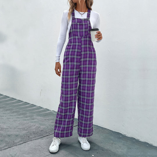 Damen Lässiger Karierter Jumpsuit mit breitem Bein und verstellbaren Trägern Nord Taschen