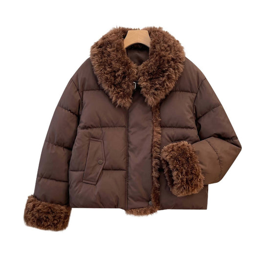 Damen nan taillierte Steppjacke mit voluminösem Teddykragen und abnehmbaren Bommel-Details Nord Taschen