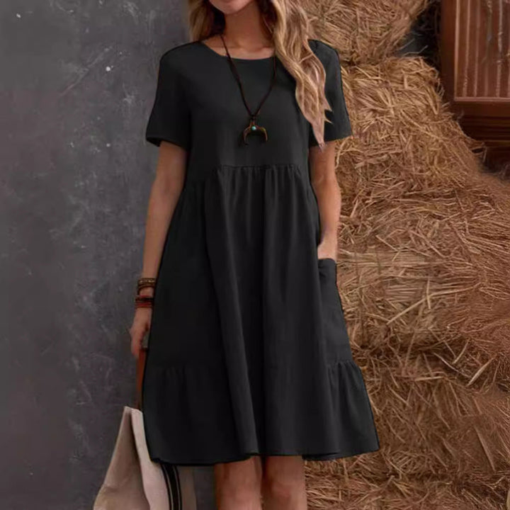 Damen Lockeres Baumwollkleid mit Taschen und Volant