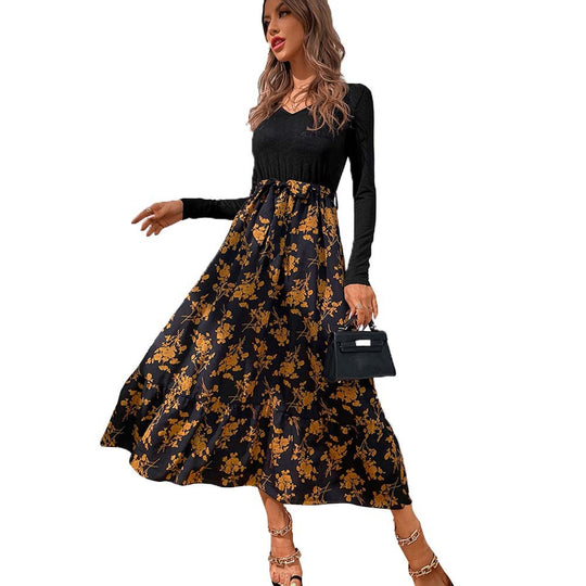 Damen figurbetontes V-Neck-Longsleeve Oberteil mit voluminösem Midi-Rock im floralem Wickelstil Nord Taschen