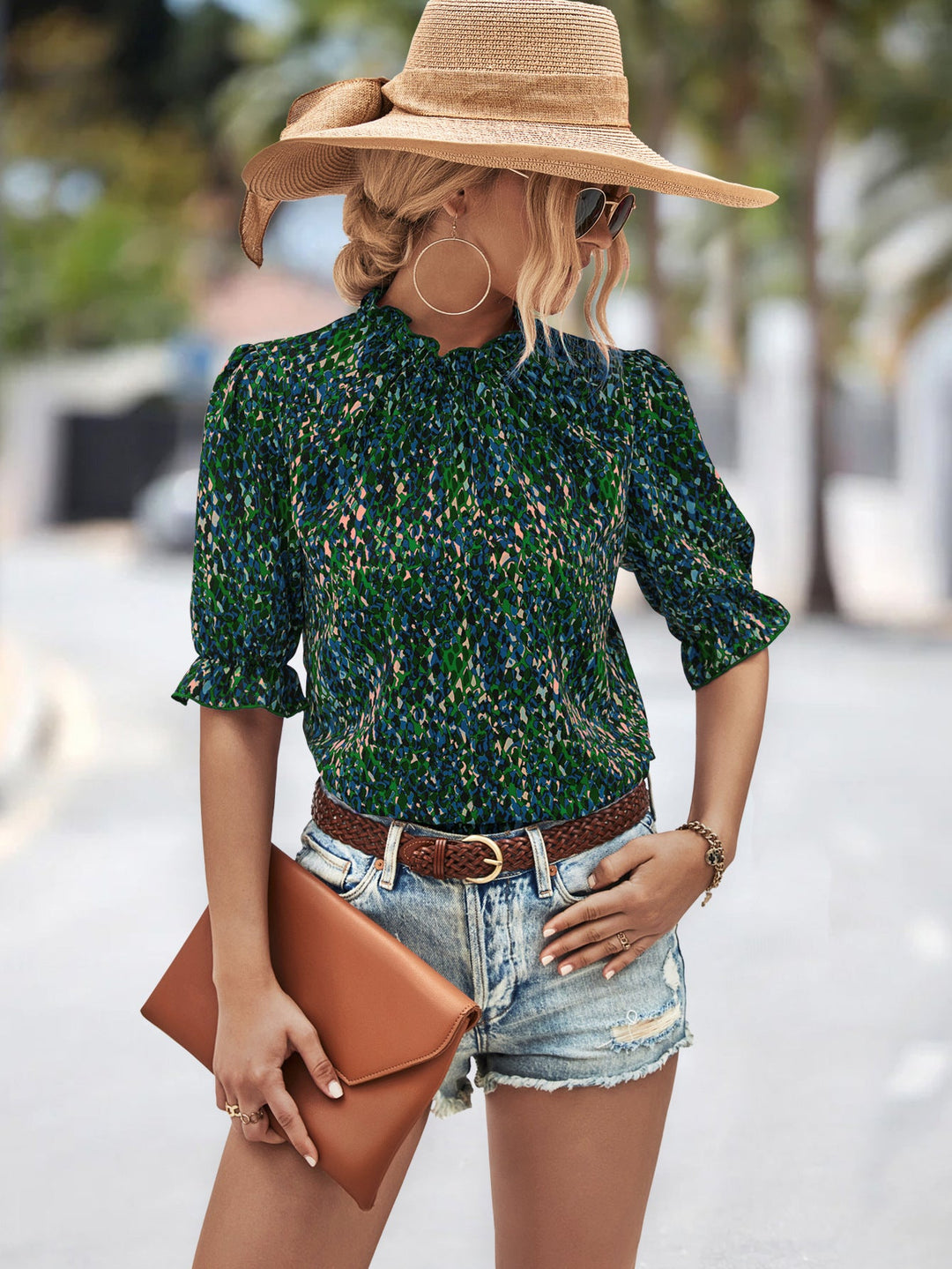 Damen Elegante Bluse mit Raffungen und botanischem Muster Nord Taschen