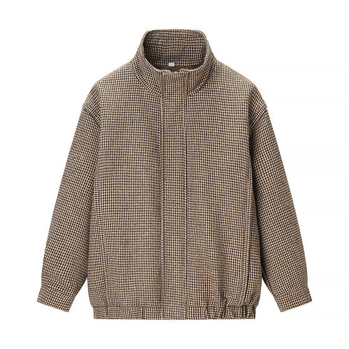 Damen Kurze Oversize-Übergangsjacke im Hahnentritt-Muster mit Stehkragen und elastischem Saum Nord Taschen