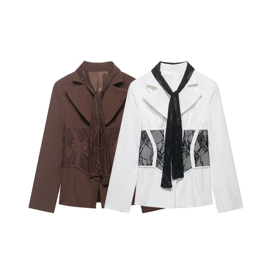 Damen Taillierter Blazer mit Spitzeneinsätzen und integriertem Spitzenschal Nord Taschen