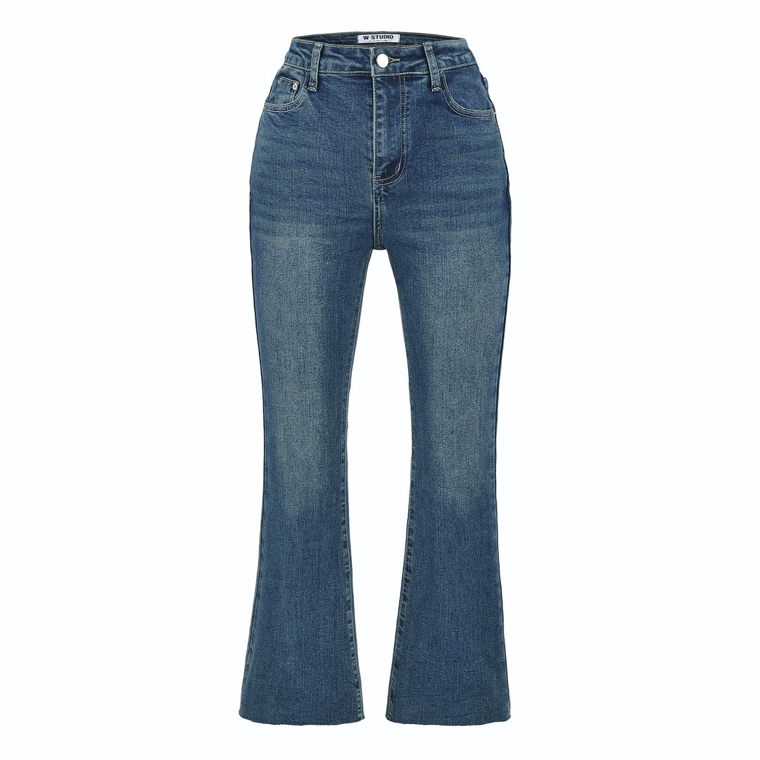 Damen Highwaist-Schlaghose aus Stretch-Denim mit fünf Taschen und rohem Saum Nord Taschen