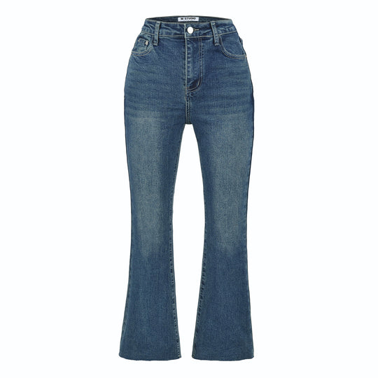 Damen Highwaist-Schlaghose aus Stretch-Denim mit fünf Taschen und rohem Saum Nord Taschen