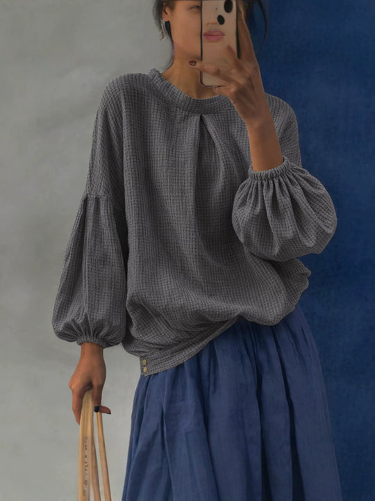 Damen Waffelstrick-Oversize-Bluse mit voluminösen Ballonärmeln Nord Taschen
