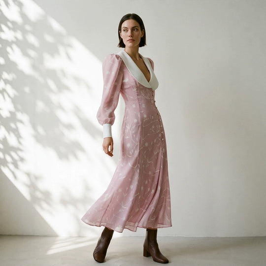 Damen Midikleid mit tiefem Schalkragen, Puffärmeln und seitlichem Schlitz Nord Taschen