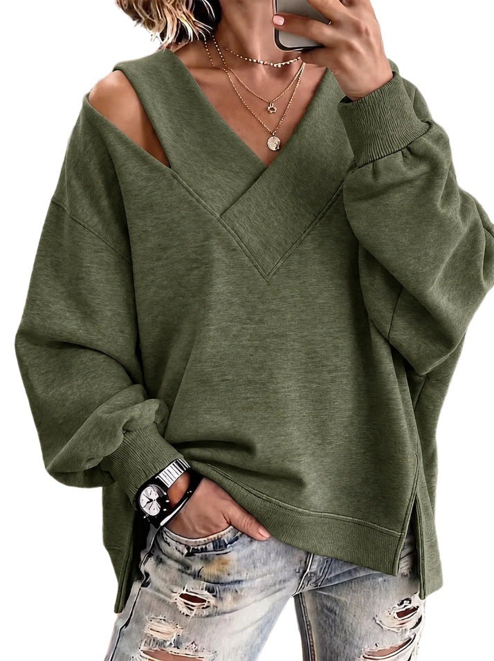 Damen Oversize-Sweatshirt mit V‑Ausschnitt und Cut-Out-Schulter Nord Taschen