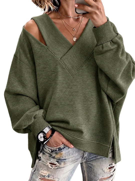 Damen Oversize-Sweatshirt mit V‑Ausschnitt und Cut-Out-Schulter Nord Taschen
