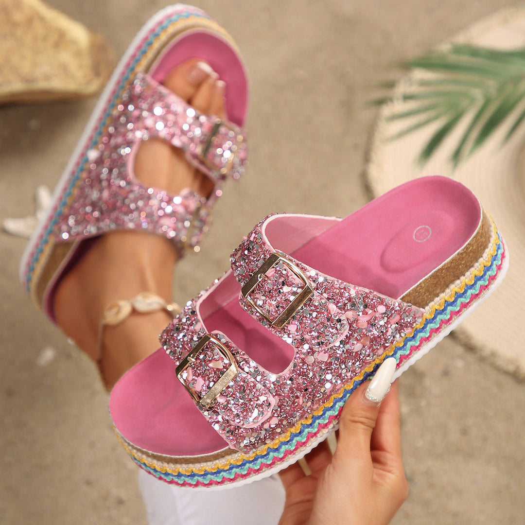 Damen Glitzernde Plateau-Sandalen mit Doppelschnalle und mehrfarbigem Boden