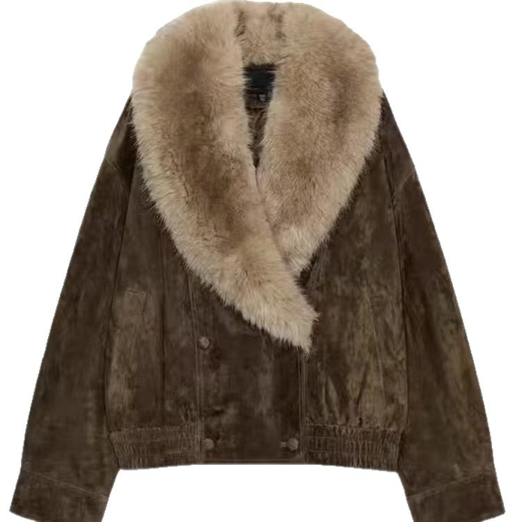 Damen Kurz geschnittene Wildlederjacke im Bomberstil mit luxuriösem Pelzkragen Nord Taschen