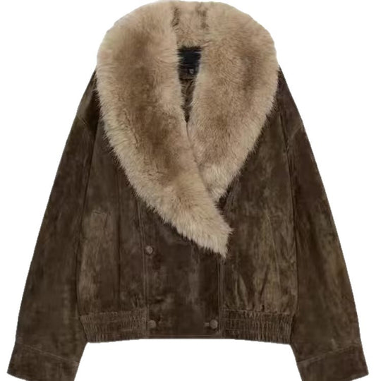 Damen Kurz geschnittene Wildlederjacke im Bomberstil mit luxuriösem Pelzkragen Nord Taschen