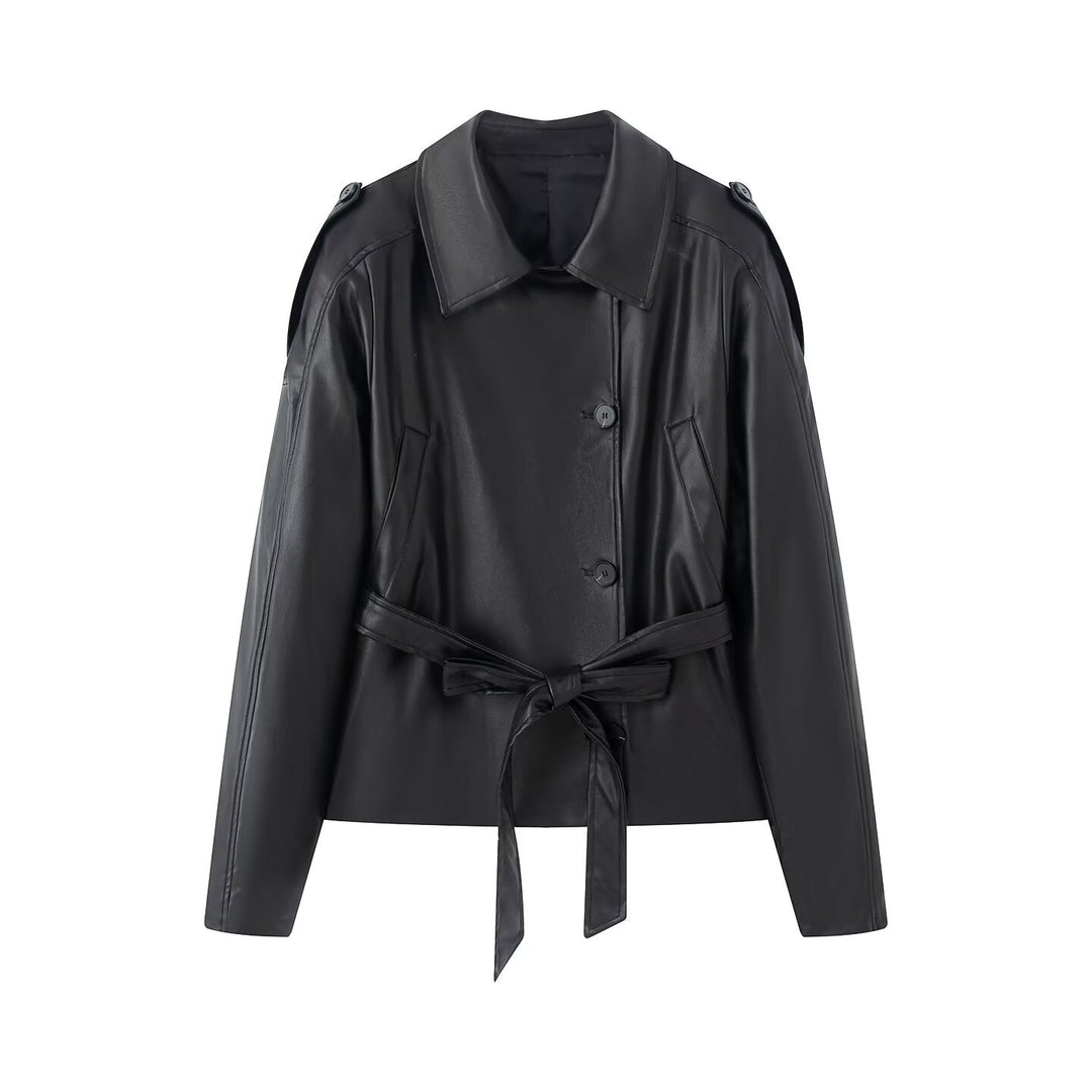 Damen kurze Kunstleder‑Trenchjacke mit Taillengürtel und Schultercape Nord Taschen