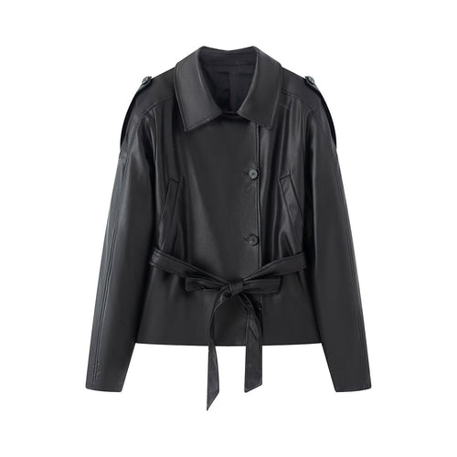 Damen kurze Kunstleder‑Trenchjacke mit Taillengürtel und Schultercape Nord Taschen
