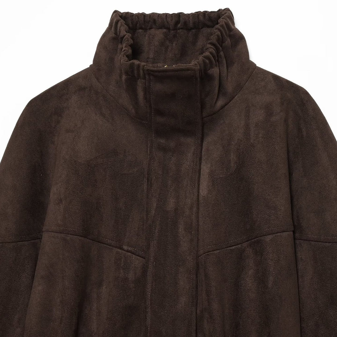 Damen Kurzjacke im Bomberstil aus Veloursoptik mit hohem Funnelkragen und Taillenriegel Nord Taschen
