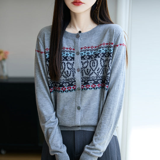 Damen Leichter Feinstrick-Cardigan mit nordischem Jacquardmuster und feiner Knopfleiste Nord Taschen