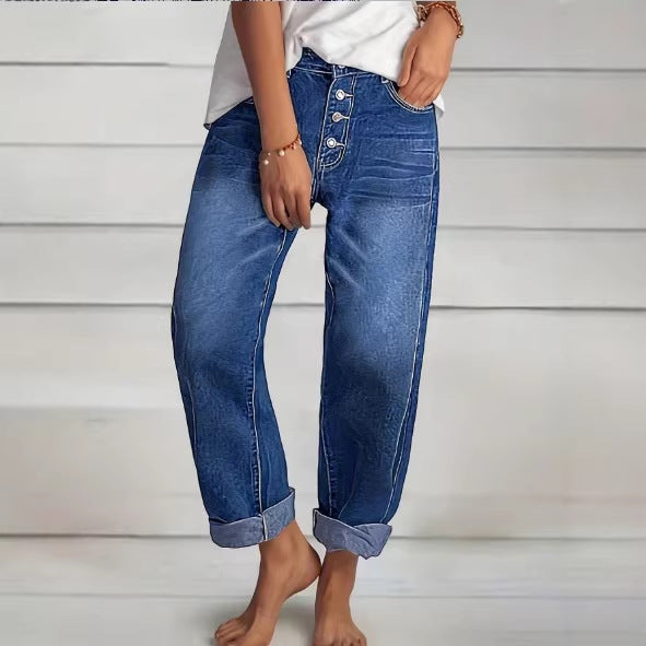 Damen High‑Waist Relaxed-Fit Jeans im Boyfriend-Stil mit Sichtbarer Knopfleiste und Aufgekrempeltem Saum Nord Taschen