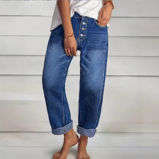 Damen High‑Waist Relaxed-Fit Jeans im Boyfriend-Stil mit Sichtbarer Knopfleiste und Aufgekrempeltem Saum Nord Taschen